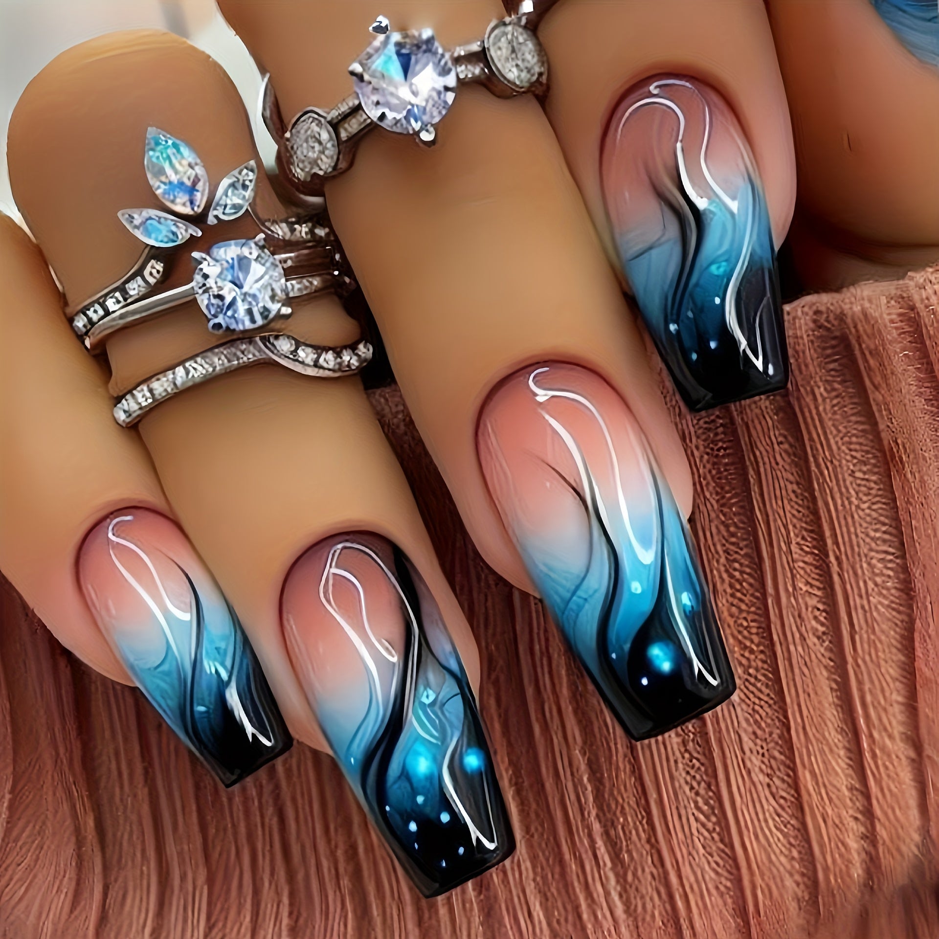 24pcs Bright Blue Gradient Flame Press-on Nails - Ballet Shape, Medium Length, Flame Design, Removable - Perfect Spring/Summer Fashion Choice